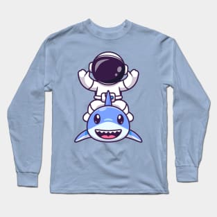 Cute Astronaut With Cute Shark Cartoon Long Sleeve T-Shirt